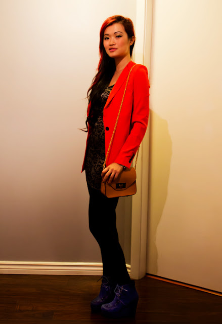 Tobi embroidered silver dress and Tobi orange blazer, Complete outfit, blue wedges, vegan purse