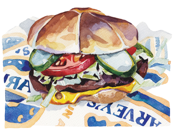 burger illustration on wrapper watercolour with pickle and milk bun