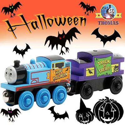 Toy trick or treat haunted ghost train ride Happy Halloween Thomas and Caboose wooden railway set