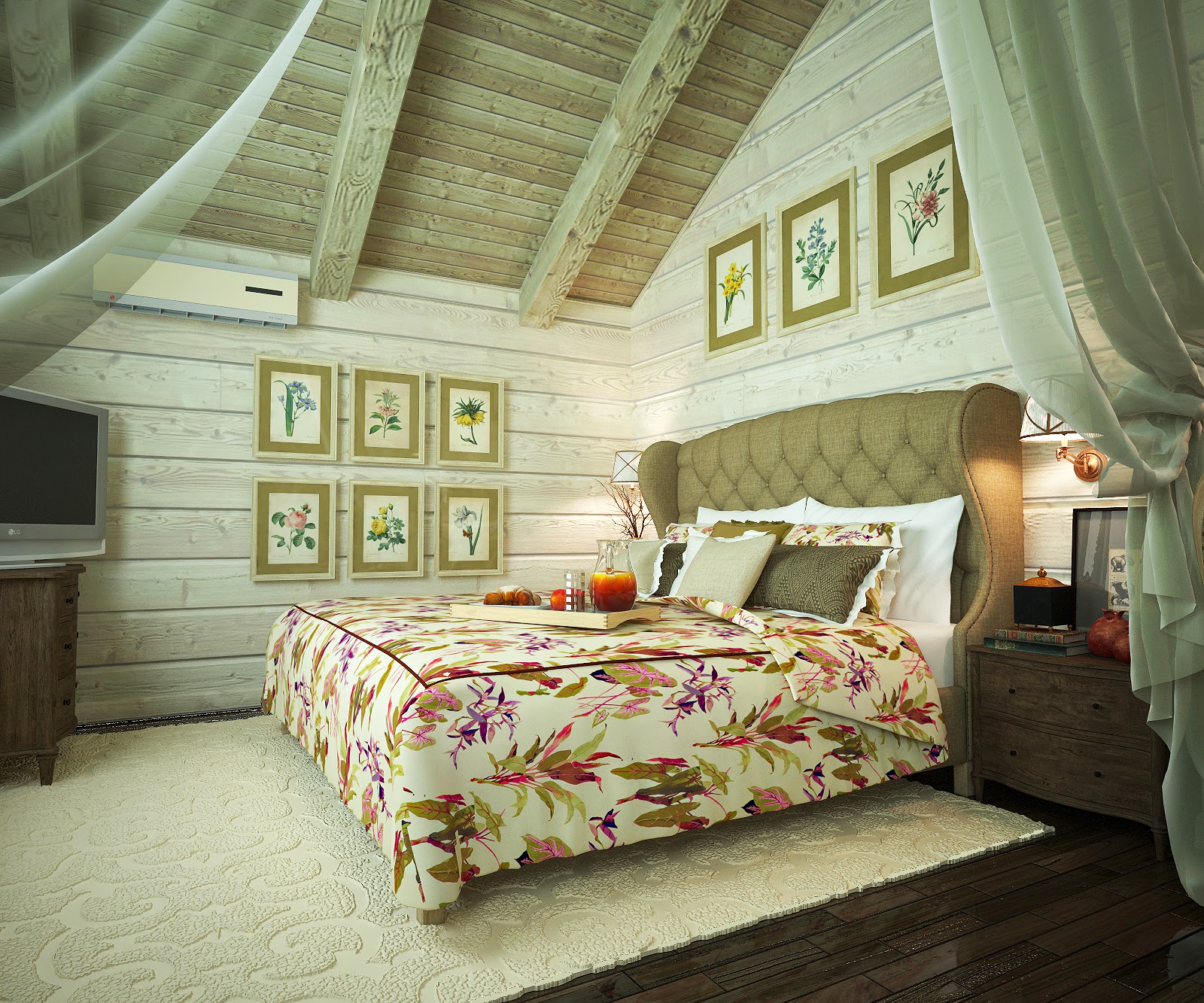  и визуализация интерьеров:  спальни в деревянном доме