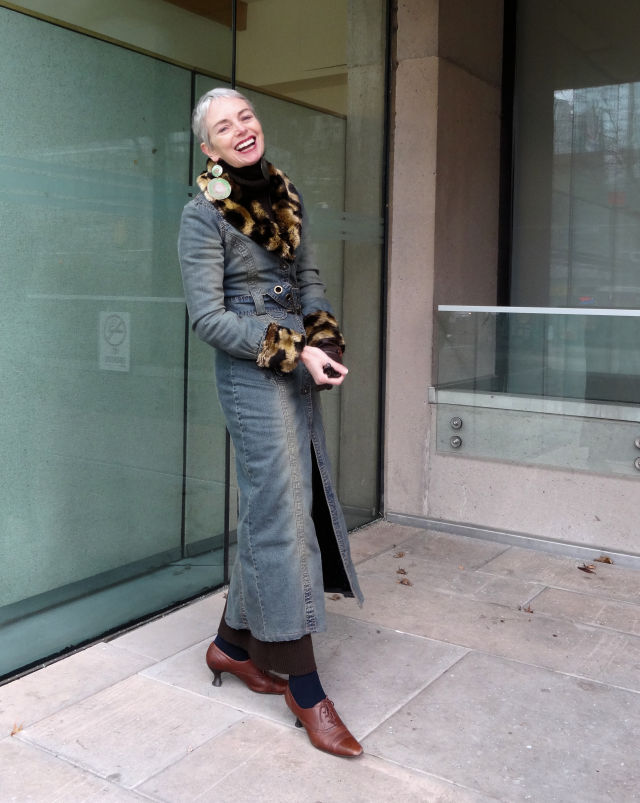 Melanie Kobayashi, Bag and a Beret, stellar maxi denim coat with faux fur trim