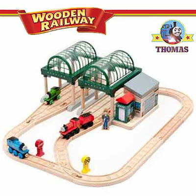 Talking Thomas and Friends wooden railway train set at Knapford station Thomas James and Percy tank