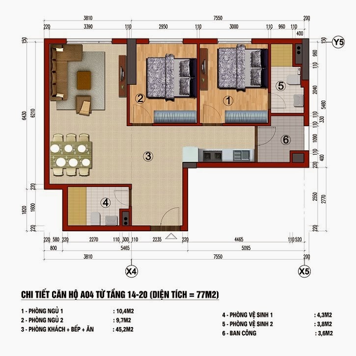 Chung cư 283 Khương Trung, Căn A4, diện tích 77m2 Chung cư 283 Khương Trung, Căn A4, diện tích 77m2