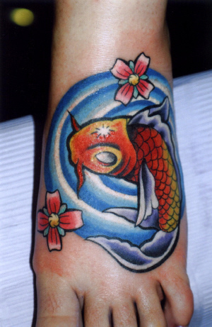 koi fish tattoo on foot