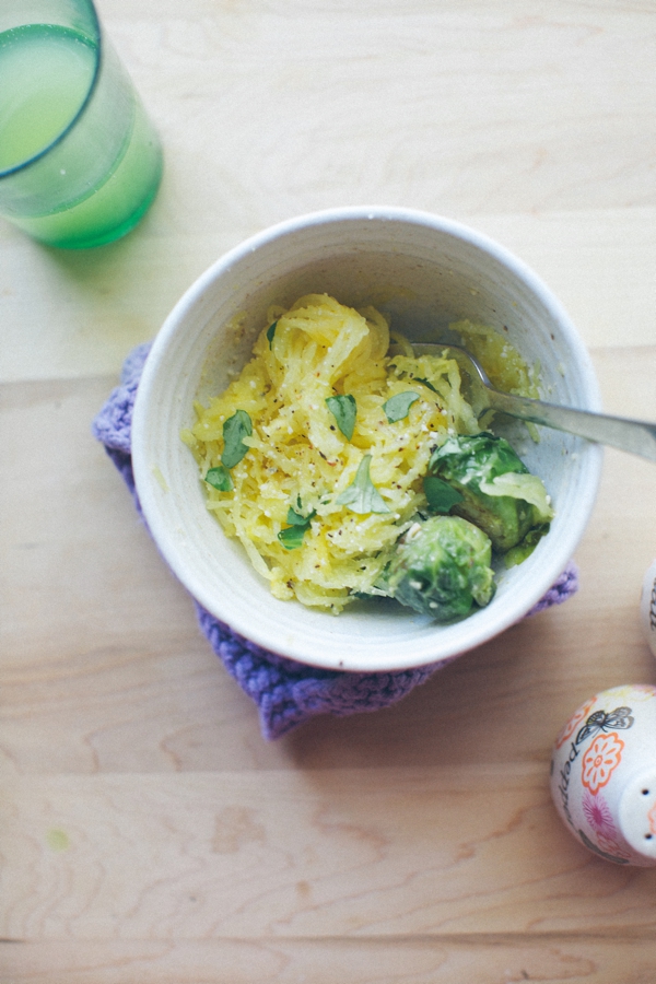 Lemon Parmesan Spaghetti Squash with Pan Seared Brussel Sprouts The Colorful Living Project