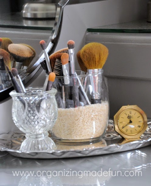 Silver tray with vases for organizing make up brushes :: OrganizingMadeFun.com