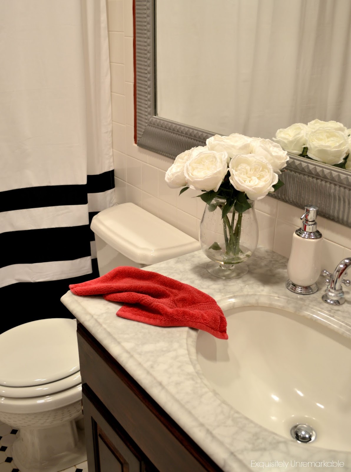 so whats black and white and red all over well in my house it could be a lot of things but today its my guest bath