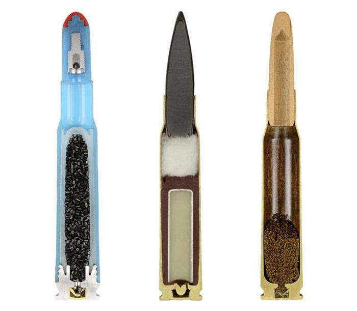 Bullets Sliced in Half — Sabine Pearlman Sabine Pearlman's intriguing photo series "Ammo" features images of a variety of ammunitions that have been neatly cut in half to reveal the surprisingly varied and intricate contents inside. Pearlman shot a total of 900 cross-sections of ammo, in a World War II bunker in Switzerland last October, documenting the meticulous and dangerous beauty that lies beneath the bullets' casings.