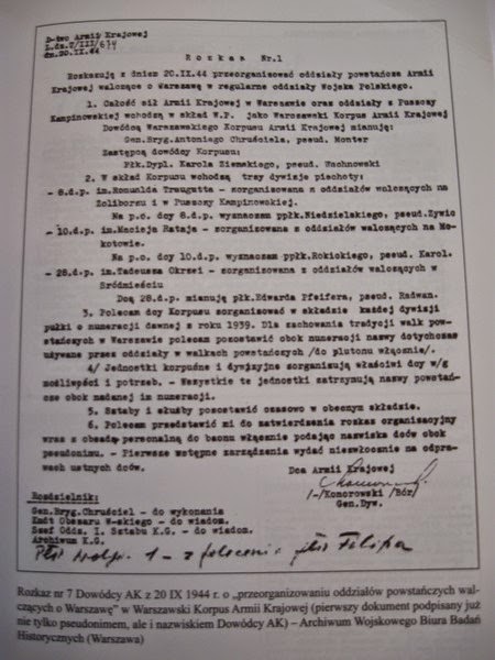 Rozkaz  Dowodcy AK  z  20  IX 1944    o  Warszawskim  Korpusie  Armii  Krajowej
