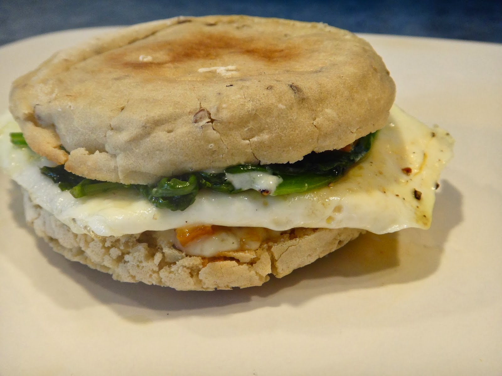 Gluten Free English Muffin Egg Sandwich with Mango Habanero Goat Cheese Spread