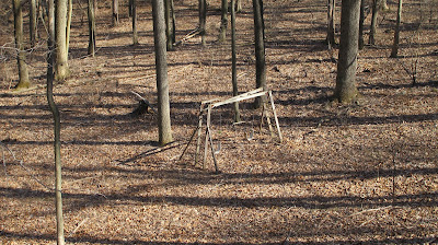 wooden swing set decaying into dust, in the woods