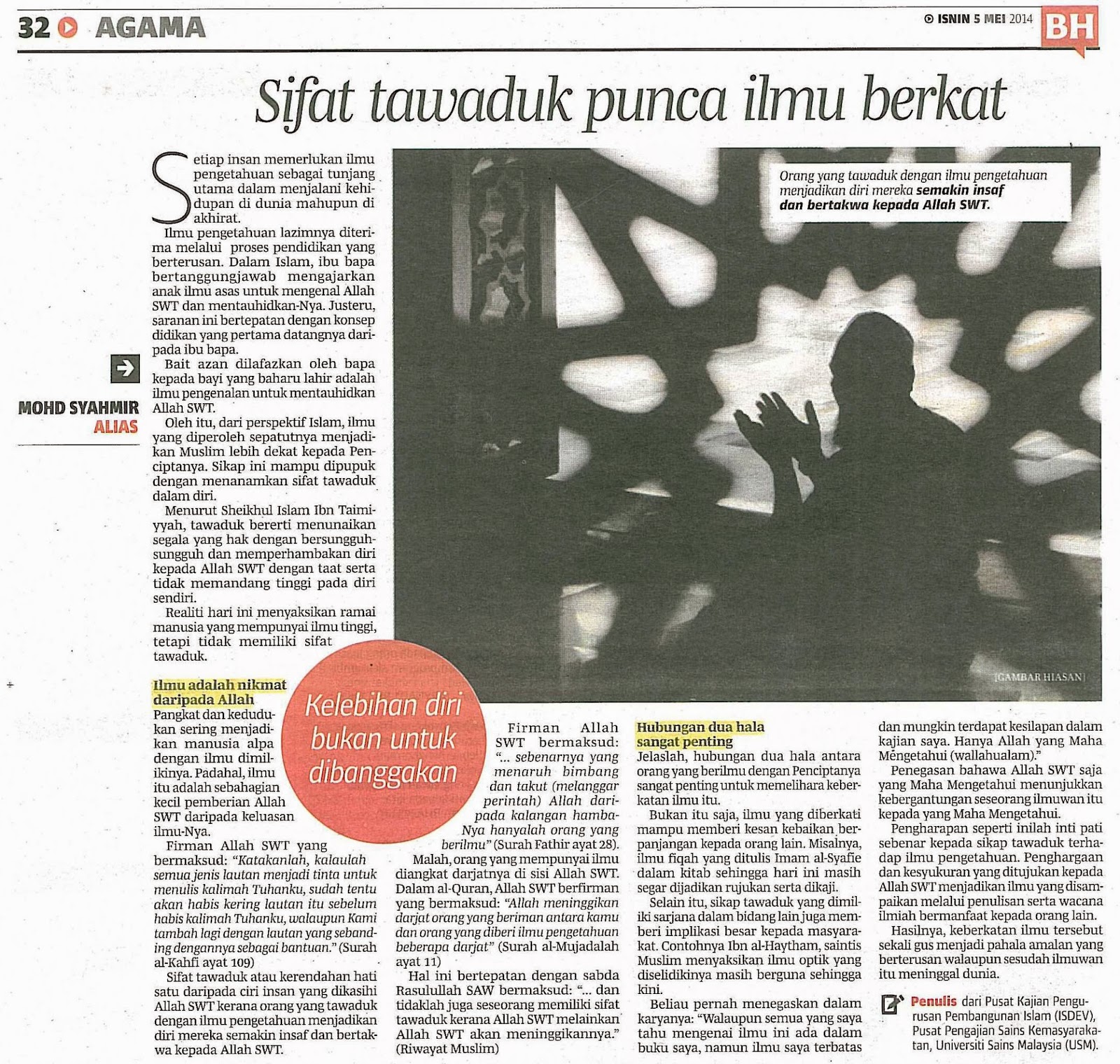 MINDA SARJANA: Sifat Tawaduk Punca Ilmu Berkat [5 Mei 2014]