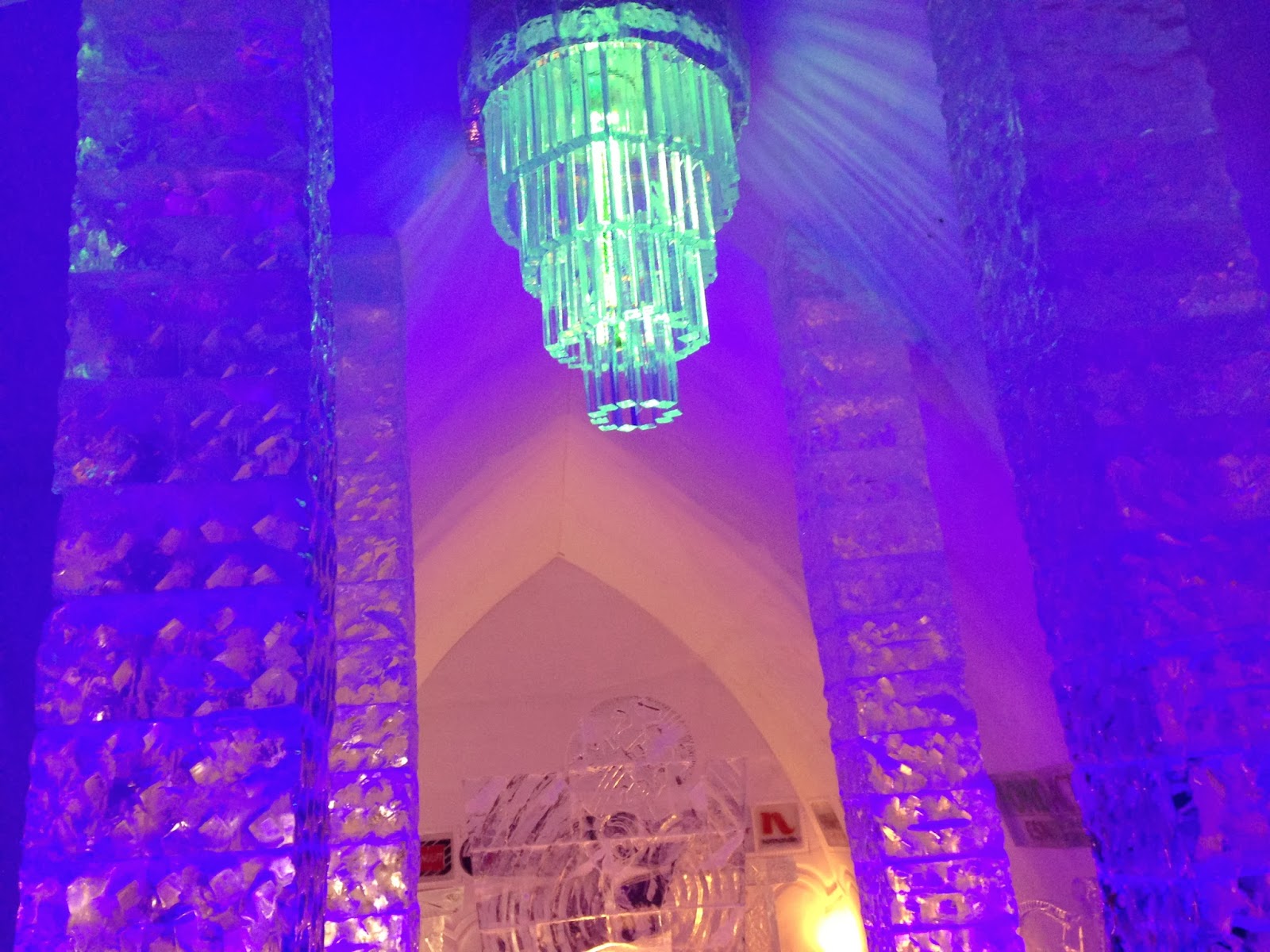 Hotel De Glace ice chandelier in the main lobby Hotel De Glace ice chandelier in the main lobby