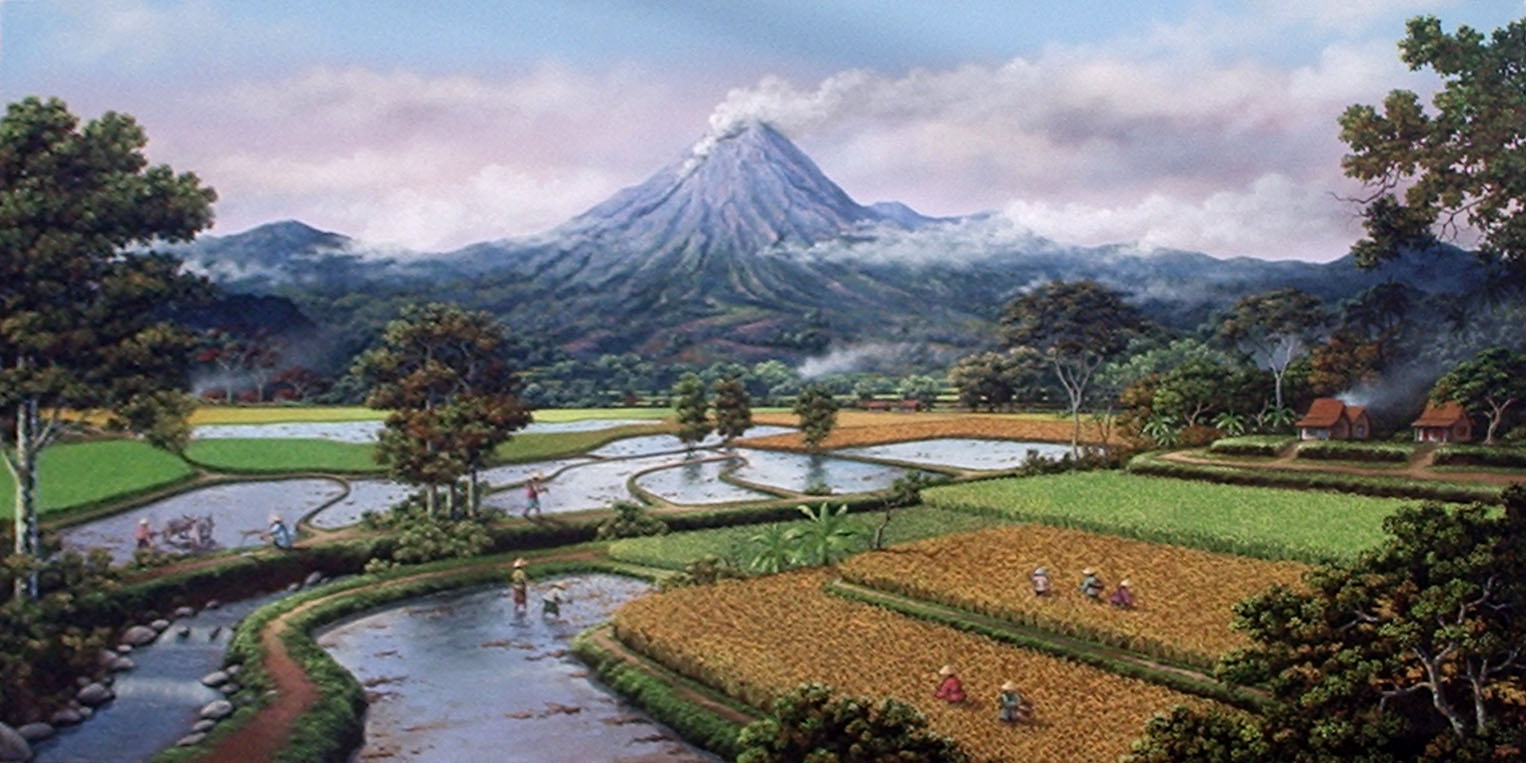 hamparan sawah yang begitu luas air mngalir mengikuti arus gunung
