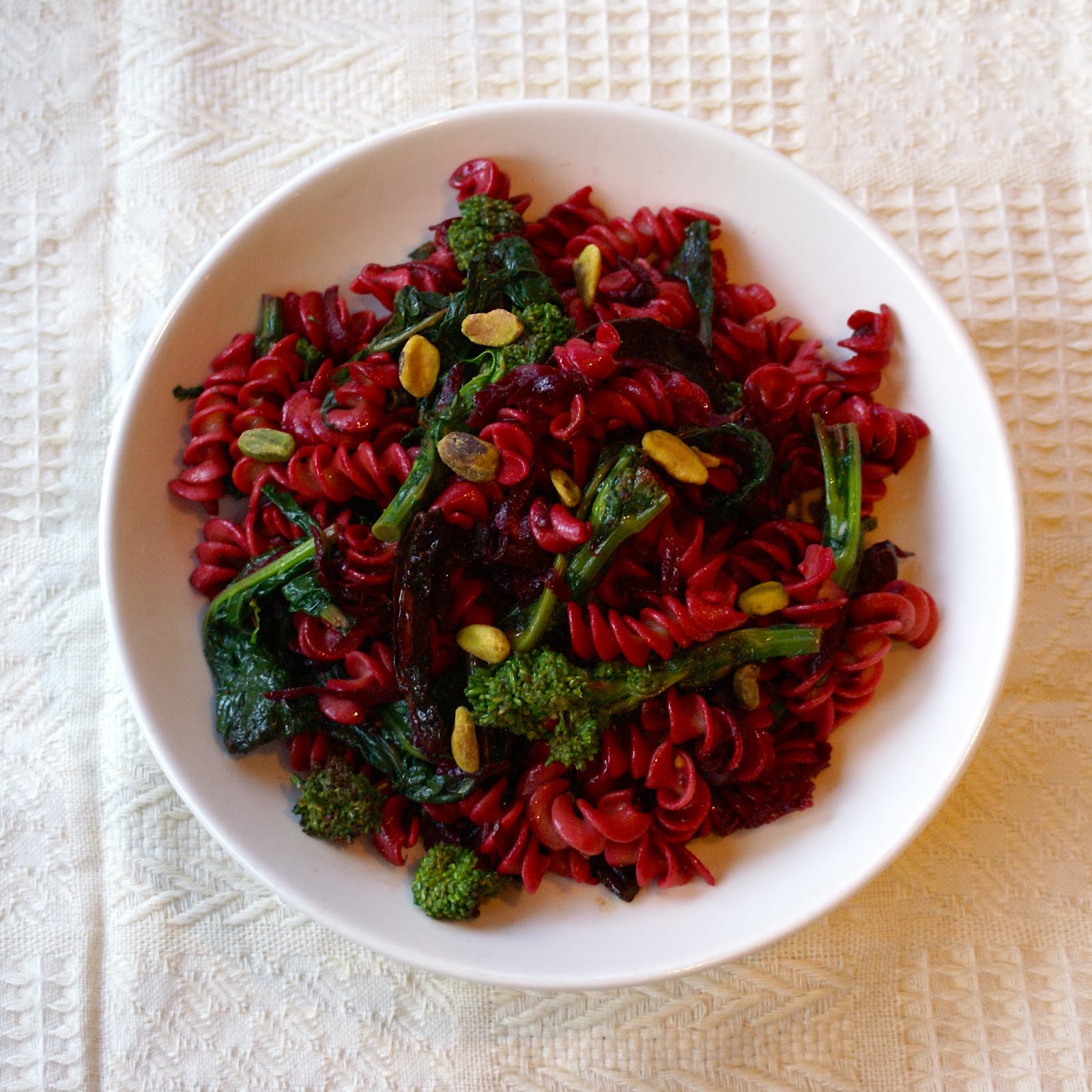 Margaret's Dish Beet Pasta with Spicy Broccoli Rabe and Portobello Bacon