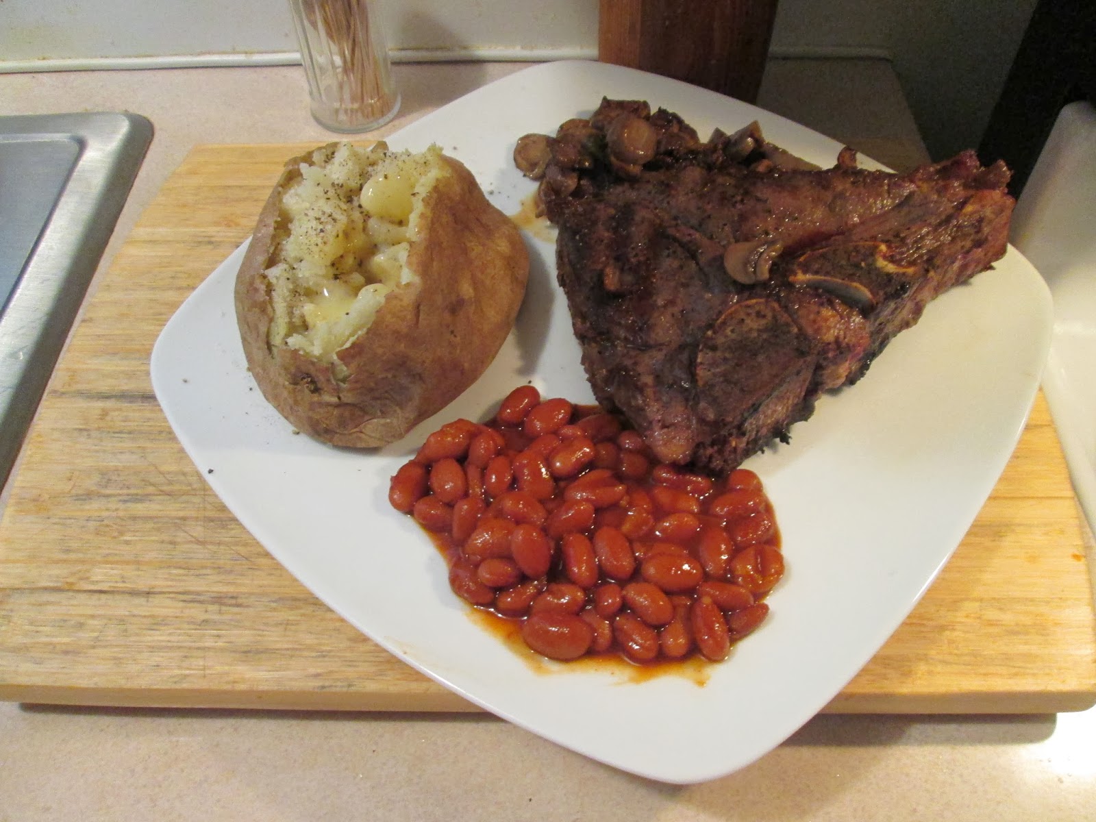 Diab2Cook Buffalo TBone Steak w/ Baked Potato and Kicked Up Chili Beans