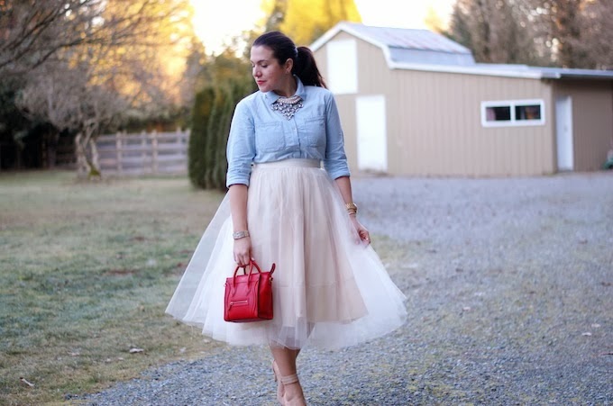 DIY tulle midi skirt and chambray blouse