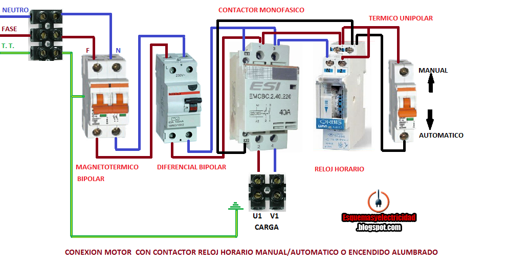CONEXION MOTOR CONTACTOR RELOJ HORARIO MANUAL/AUTOMATICO O ENCENDIDO