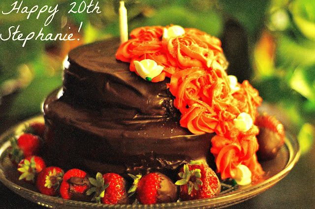 ~stephanie's 20th birthday chocolate cake with strawberry cream cheese filling and dark chocolate ganache~