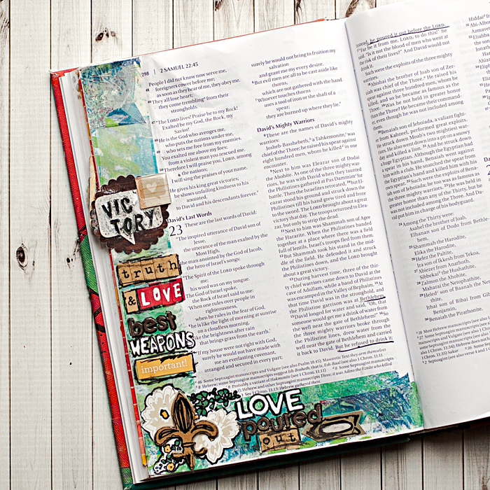 Heather Greenwood Designs | art journaling in my bible, a tutorial on using deli paper prints to collage a background in the margins before art journaling #artworship #illustratedfaith #artjournalbible