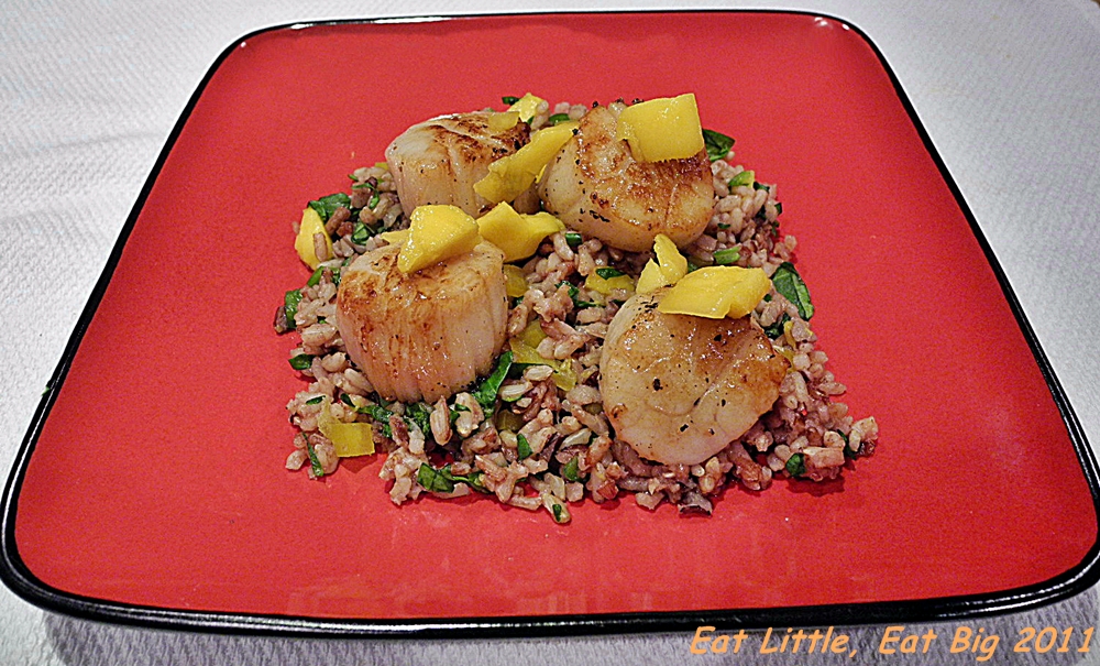 Recipe for Seared Scallops Over Brown Rice and Veggie Salad Eat
