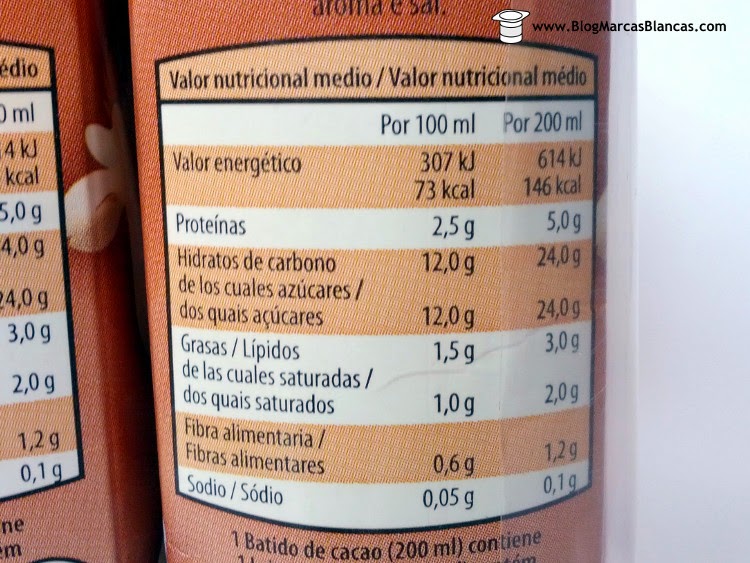 Información nutricional del batido al cacao Milsani de Aldi.