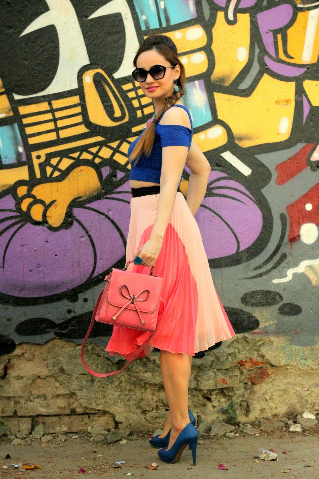 Forever21 Blue Crop Top & River Island Pink Pleated Tea-Length Skirt