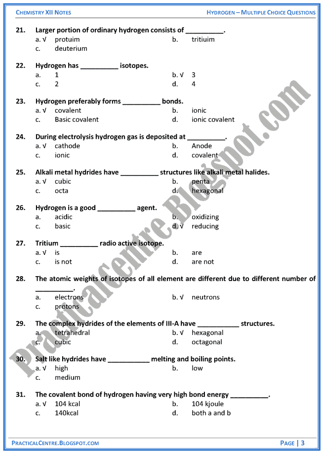 hydrogen-mcqs-chemistry-12th