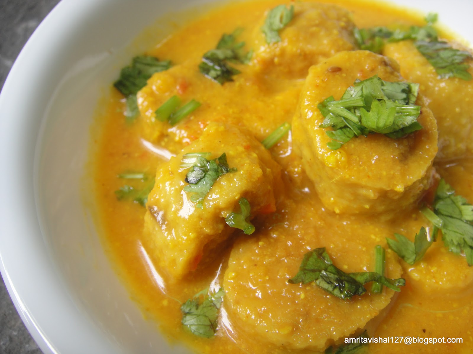 Sweet 'n' Savoury Besan ke Gatte (Chickpea flour dumplings in gravy)