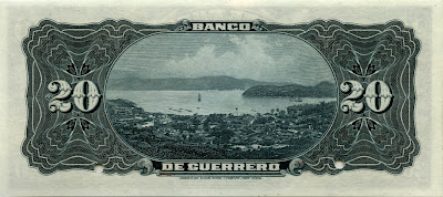 Mexican money currency 20 Pesos banknote Acapulco