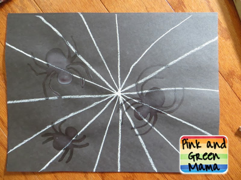 Pink and Green Mama Make Spooky Spider s with Colored Chalk and