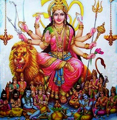 Goddess Durga The Mother Goddess & Her Symbolism Goddess Durga The Mother Goddess & Her Symbolism Goddess Durga is the mother of the universe and believed to be the power behind the work of creation, preservation, and destruction of the world. Since time immemorial she has been worshipped as the supreme power of the Supreme Being and has been mentioned in many scriptures - Yajur Veda, Vajasaneyi Samhita and Taittareya Brahman. The Meaning of "Durga" The word "Durga" in Sanskrit means a fort, or a place which is difficult to overrun. Another meaning of "Durga" is "Durgatinashini," which literally translates into "the one who eliminates sufferings." Thus, Hindus believe that goddess Durga protects her devotees from the evils of the world and at the same time removes their miseries. The Many Forms of Durga There are many incarnations of Durga: Kali, Bhagvati, Bhavani, Ambika, Lalita, Gauri, Kandalini, Java, Rajeswari, et al. Durga incarnated as the united power of all divine beings, who offered her the required physical attributes and weapons to kill the demon "Mahishasur". Her nine appellations are Skondamata, Kusumanda, Shailaputri, Kaalratri, Brahmacharini, Maha Gauri, Katyayani, Chandraghanta and Siddhidatri. Durga's Many Arms Durga is depicted as having eight or ten hands. These represent eight quadrants or ten directions in Hinduism. This suggests that she protects the devotees from all directions. Durga's Three Eyes Like Shiva, Mother Durga is also referred to as "Triyambake" meaning the three eyed Goddess. The left eye represents desire (the moon), the right eye represents action (the sun), and the central eye knowledge (fire). Durga's Vehicle - the Lion The lion represents power, will and determination. Mother Durga riding the lion symbolises her mastery over all these qualities. This suggests to the devotee that one has to possess all these qualities to get over the demon of ego. Durga's Many Weapons The conch shell in Durga's hand symbolizes the 'Pranava' or the mystic word 'Om', which indicates her holding on to God in the form of sound. The bow and arrows represent energy. By holding both the bow and arrows in one hand "Mother Durga" is indicating her control over both aspects of energy - potential and kinetic. The thunderbolt signifies firmness. The devotee of Durga must be firm like thunderbolt in one's convictions. Like the thunderbolt that can break anything against which it strikes, without being affected itself, the devotee needs to attack a challenge without losing his confidence. The lotus in Durga's hand is not in fully bloomed, It symbolizing certainty of success but not finality. The lotus in Sanskrit is called "pankaja" which means born of mud. Thus, lotus stands for the continuous evolution of the spiritual quality of devotees amidst the worldly mud of lust and greed. The "Sudarshan-Chakra" or beautiful discus, which spins around the index finger of the Goddess, while not touching it, signifies that the entire world is subservient to the will of Durga and is at her command. She uses this unfailing weapon to destroy evil and produce an environment conducive to the growth of righteousness. The sword that Durga holds in one of her hands symbolizes knowledge, which has the sharpness of a sword. Knowledge which is free from all doubts, is symbolized by the shine of the sword. Durga's trident or "trishul" is a symbol of three qualities - Satwa (inactivity), Rajas (activity) and Tamas (non-activity) - and she is remover of all the three types of miseries - physical, mental and spiritual. Devi Durga stands on a lion in a fearless pose of "Abhay Mudra", signifying assurance of freedom from fear. The universal mother seems to be saying to all her devotees: "Surrender all actions and duties onto me and I shall release thee from all fears".