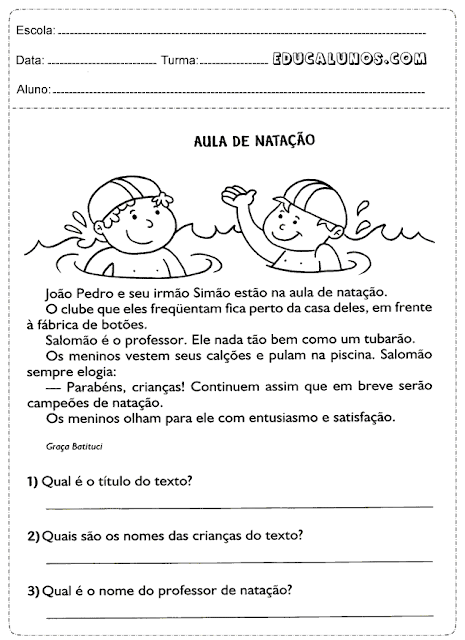 Interpretação de texto sobre a aula de natação