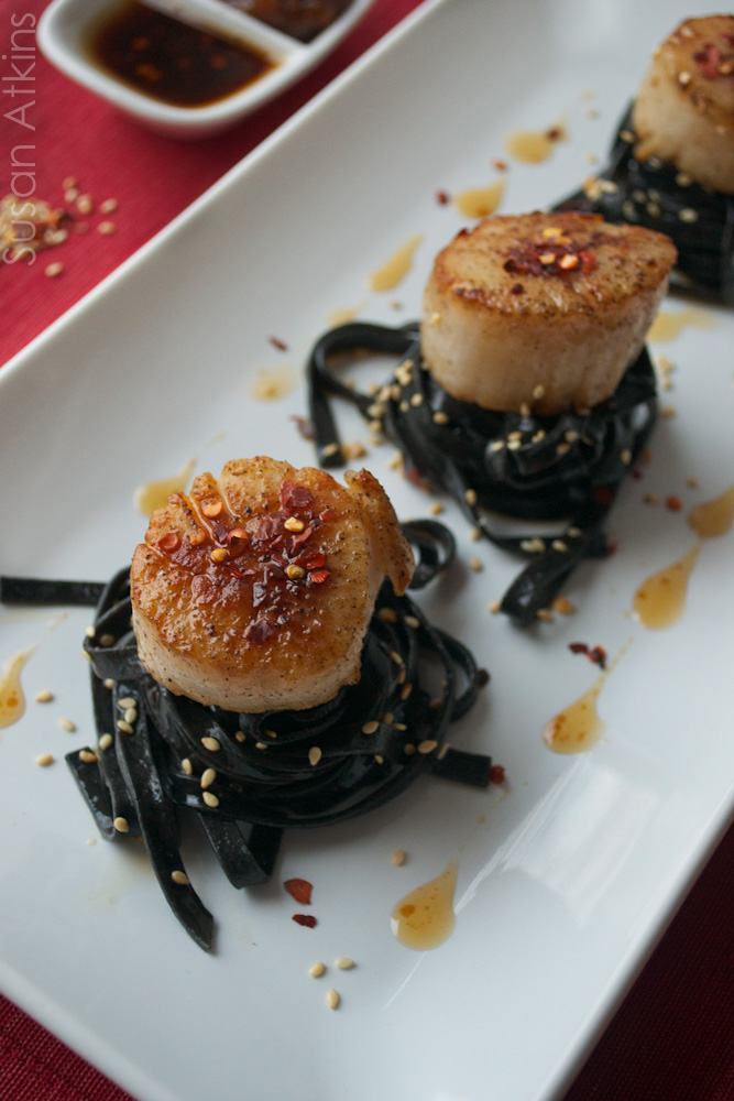 Suze Trades Pan Seared Scallops and Squid Ink Pasta with Peanut Sauce