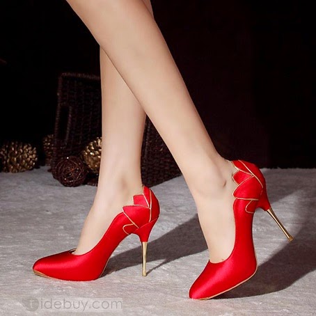 Cute Closed Toe Satin Beak Stiletto Heel Red Wedding Shoes