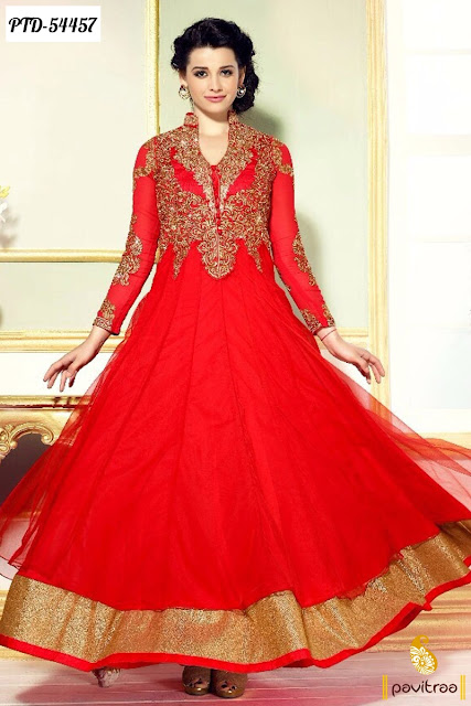 Red Color Valentine day special Indian designer party wear anarkali salwar suit 2016 with discount offer sale in India