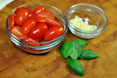 Grape Tomatoes, Minced Garlic, and Fresh Basil Leaves | Taste As You Go