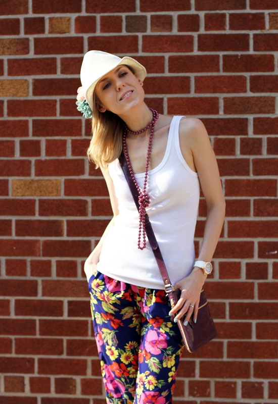 The Wind of Inspiration Outfit of the Day Post - Flower Power - Gap White Ribbed Tank River Island Floral Print Pants ALDO Flower Fedora Cole Haan Sheila Cross Body Bag Matt Bernson Waverly Metallic Ballet Flats a_line 20008 Women's Marina White Dial Rose IP Case White Silicone Watch Vintage Long Bead Necklace Revlon Nail Enamel Blue Lagoon