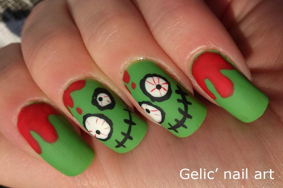 Gelic' nail art Cute n’ crazy green bloody zombie nail art