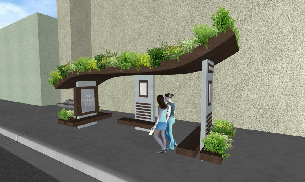 Paradero de autobus con Jardin Vertical y Colgante + Espejo, de estilo Moderno Fantasia 2 Parabus Ecologico - Ondine Var. 2 - Con Jardin en la Azotea y Jardineras Laterales y Espejos/Mupis pequeños - Zen Ambient - Mexico