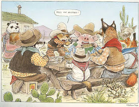 Western scene with small rodent leaping onto table, six-shooter in hand, yelling out Pass the mustard at a startled bobcat