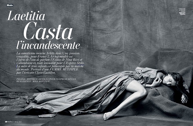 L'Express Styles France February 2015, Laetitia Casta Ralph Lauren Spring 2015 Shimmery Green Metallic Silk Charmeuse Maxi Dress Editorials