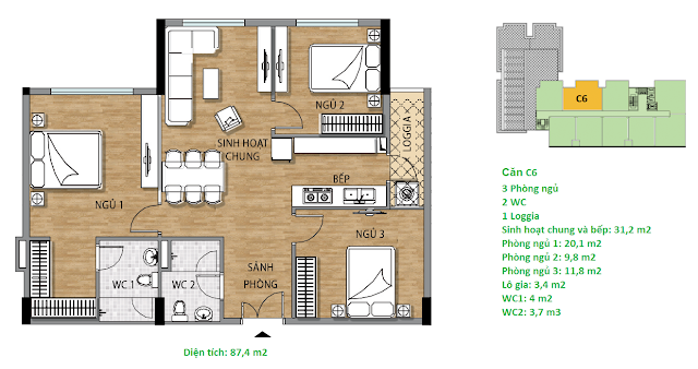 Căn hộ C6 diện tích 87,4 m2 tầng 8-9 - Valencia Garden Căn hộ C6 diện tích 87,4 m2 tầng 8-9 - Valencia Garden