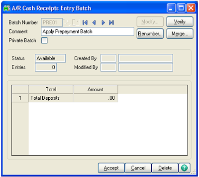 A/R Cash Receipts Entry Batch