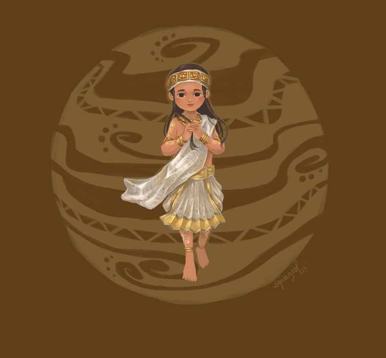 Illustration of the Santonilyo deity.  A child dressed in white precolonial attire, adorned with gold necklaces, headbands, armbands, legbands. Hiis arm tattoos are glowing in gold.