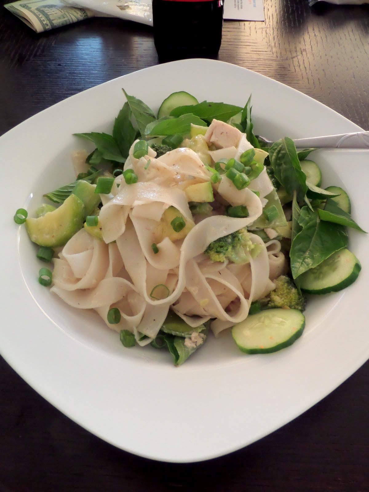 Chicken Green Curry Noodles:  A light and flavorful, but spicy, green curry with chicken, veggies, and broad rice noodles.