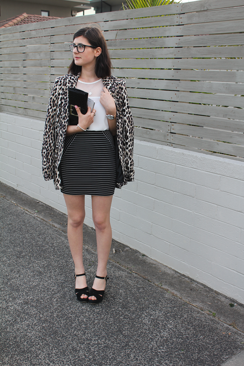 melbourne blogger, australian blogger, fashion blogger, trend, style, ivana petrovic, glasses, colette dinnigan, leopard print, leopard blazer, mesh, all white trend, ss 13/14, glassons, forever new, breton stripes, siren shoes, wedge sandals, work outfit inspiration, classy outfits, the horse watch