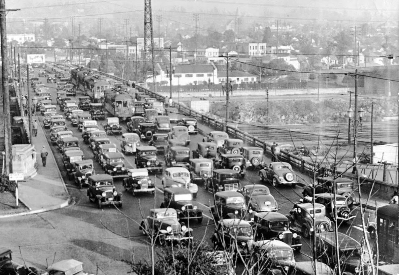 Traffic jam on the Broadway Bridge over the Los Angeles River, 1937 vintage everyday