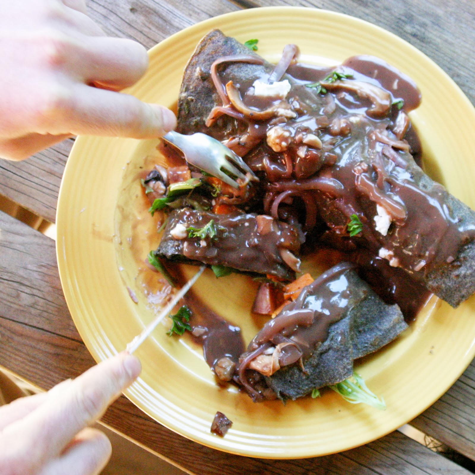 Savory GF Crepes with Roasted Sweet Potatoes and Chanterelle Gravy