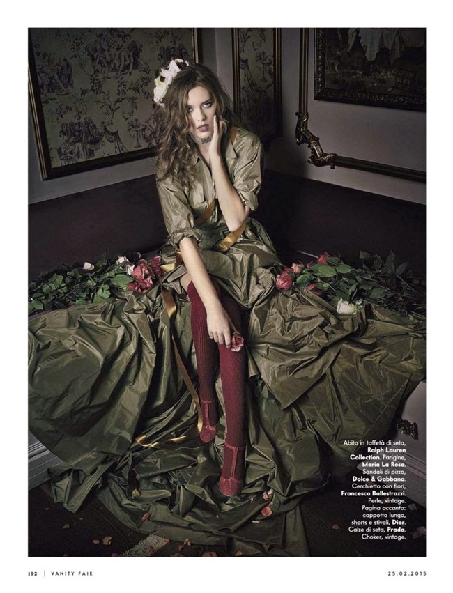Vanity Fair Italy February 2015, Solveig Mork Hansen Ralph Lauren Spring 2015 Shimmery Green Metallic Silk Charmeuse Maxi Dress Editorials